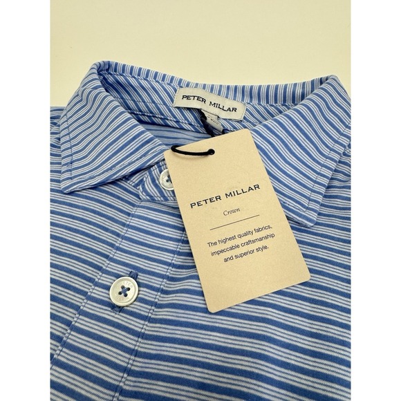 NWT Peter Millar Triple Stripe Pima Cotton Golf Polo Shirt Blue MEDIUM $115 - Picture 1 of 8